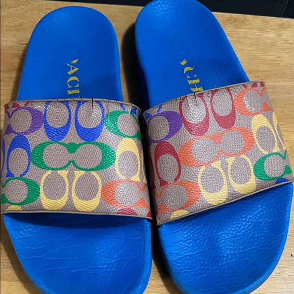 Coach Men Blue Slides with Multicolor Coach Logo Pattern - Picture 6 of 9